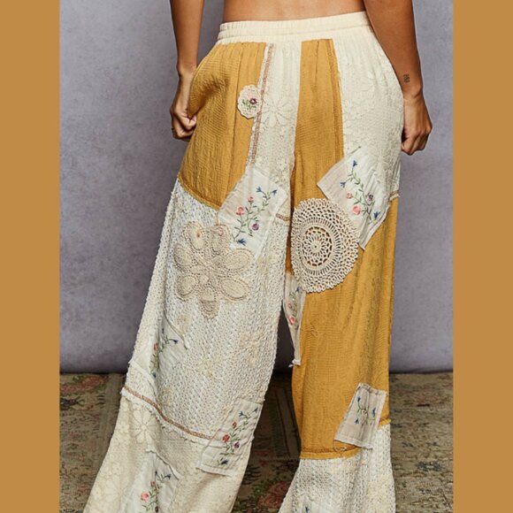 🔥🍫POL Vintage-Inspired Patchwork Cotton Pants – Boho Lace Honey Gold - Picture 7 of 16
